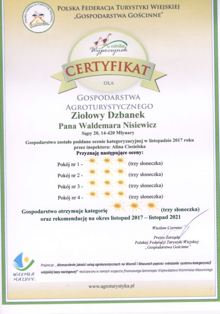 Certyfikat Gospodarstwa Agroturystycznego